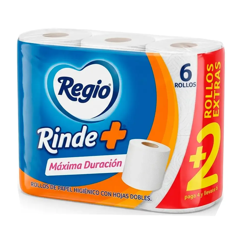 Paquete regio rinde + con 6 rollos de papel higiénico de 375 hojas dobles / 624053