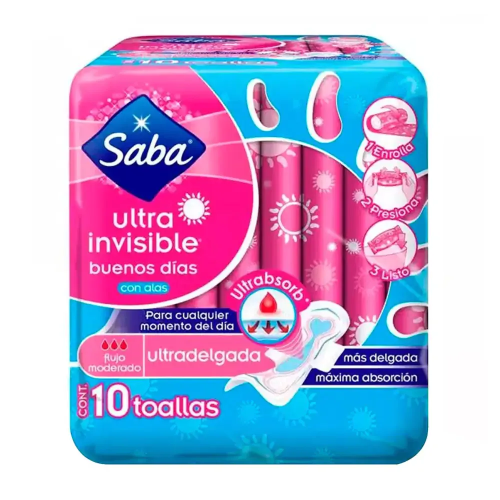 Paquete con 10 toallas femeninas saba ultra delgadas invisibles para flujo abundante / 050671