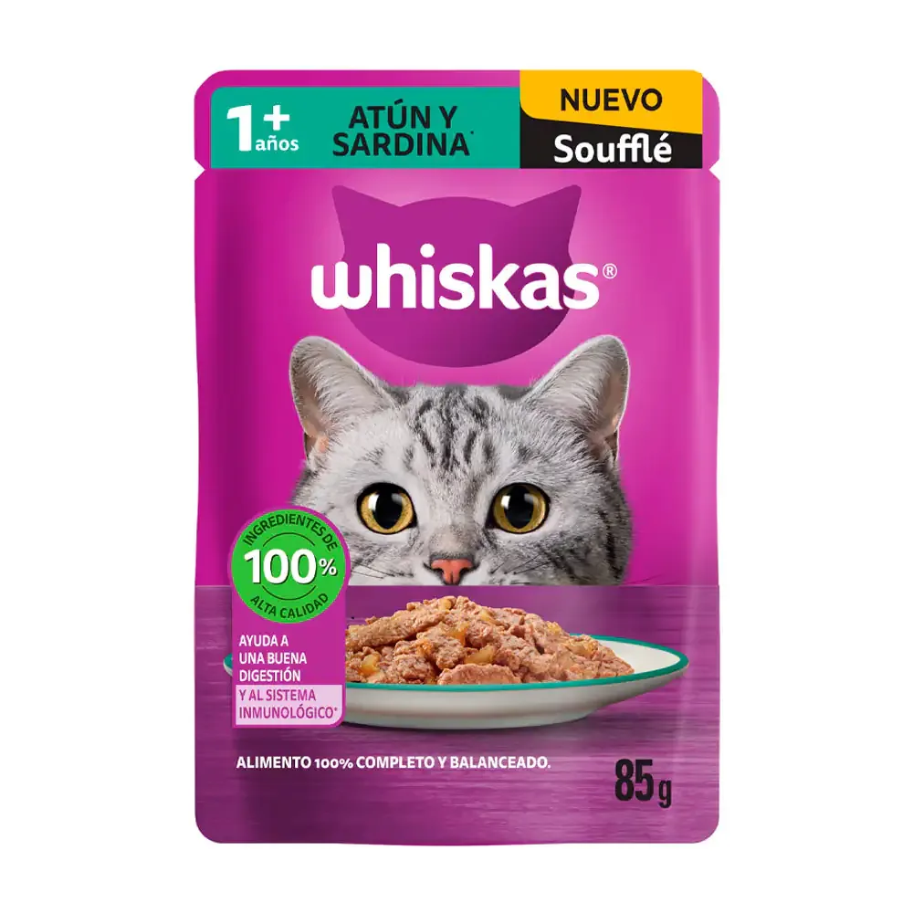 1pza alimento húmedo whiskas soufflé para gatos adultos sabor atún y sardina, 85g / 5912