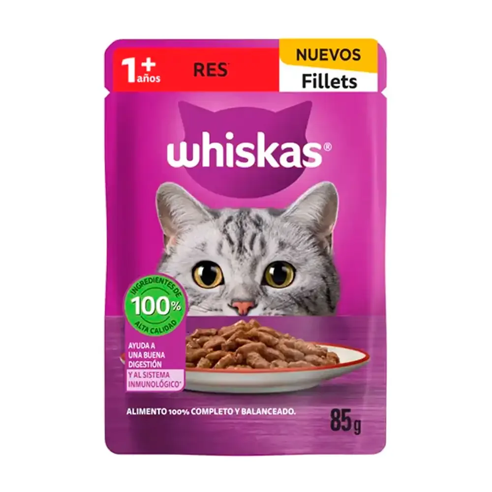 1pza alimento húmedo whiskas fillets sabor carne para gatos adultos, 85g / 5910