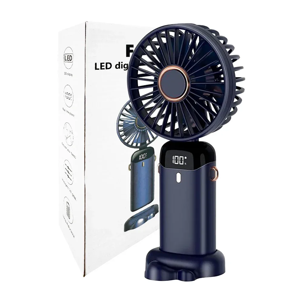 Ventilador manual pequeño de plástico con 5 velocidades, indicador de carga led, base y asa colgante, variedad de colores / fan-s789