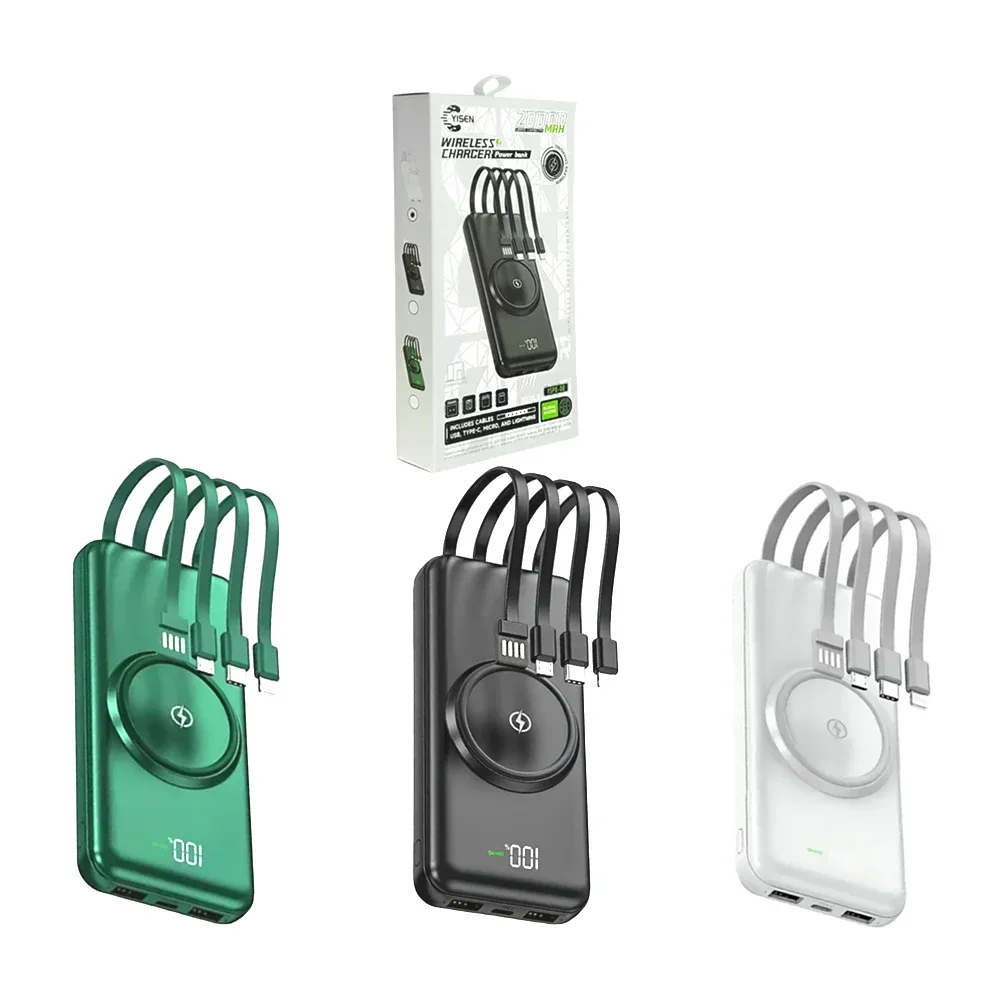 Power bank / batería portátil yisen con carga magnética, cable usb, v8, tipo c y lightning + 2 puertos usby tipo c, variedad de colores / yspb-08