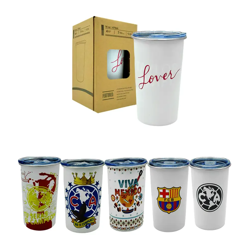 Vaso tipo termo con capacidad de 16oz y tapa hermética + estampado, variedad