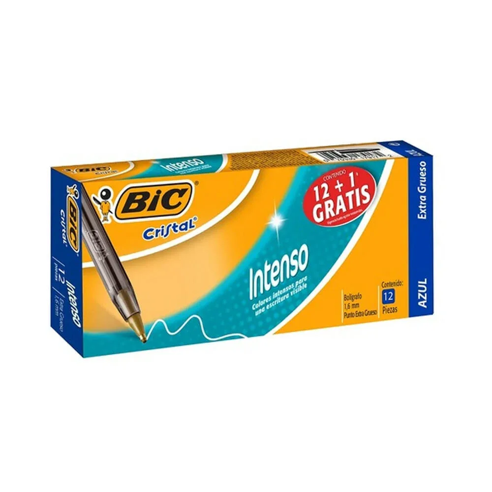 Caja de 12 plumas bolígrafos bic cristal con punta extra gruesa 1.6mm tinta color azul