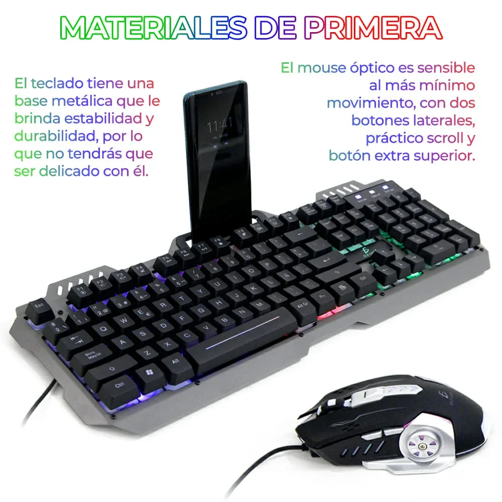 Teclado luz gamer con mouse y soporte de celular st07