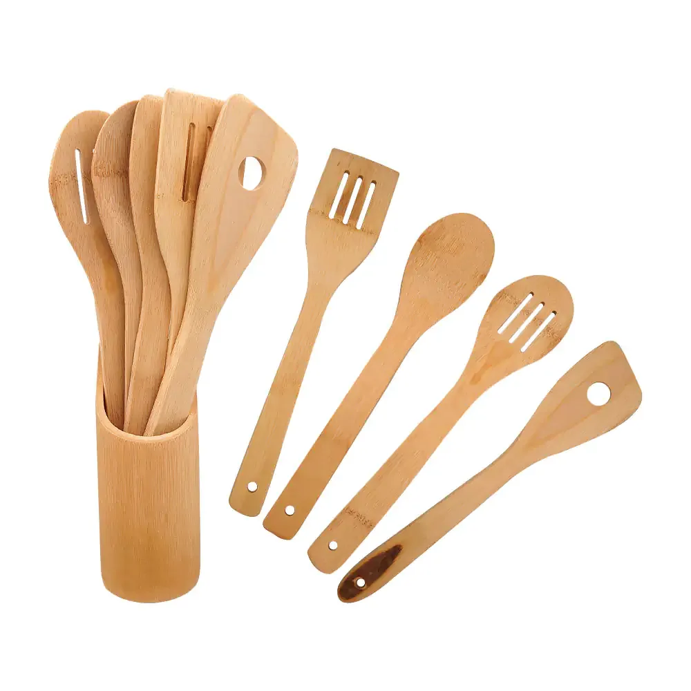Set con 5 utensilios + bote almacenador konnig de madera de bambú