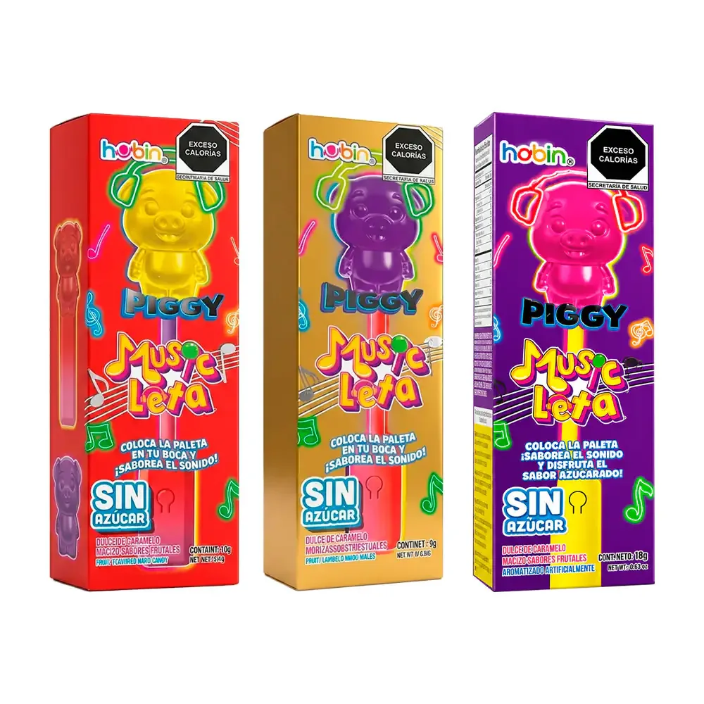 1pza Paleta de dulce hubin music leta piggy sabores frutales sin azúcar 19g / 909231