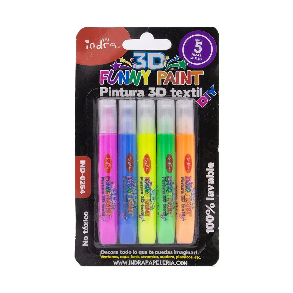 Paquete con 5 pinturas textiles neón 3d funny paint, variedad de colores / ind-0264