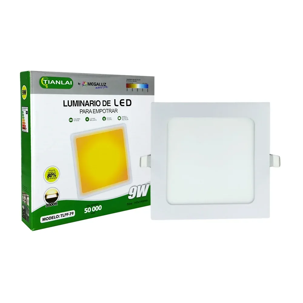 Lámpara led cuadrada para empotrar con luz cálida de 3000k, 9w y 140x140mm / tianlai / megaluz / tlpf-79