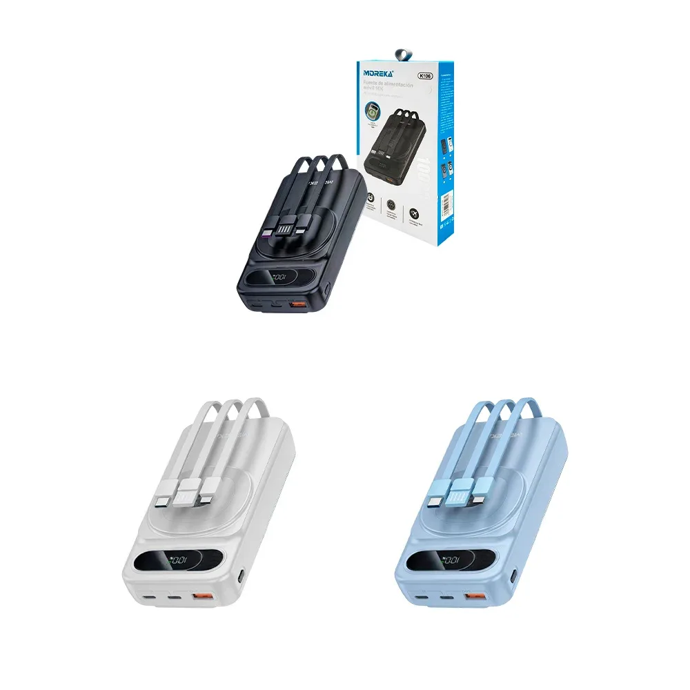 Power bank moreka de 15w con pantalla lcd, carga magnética, múltiples conectores