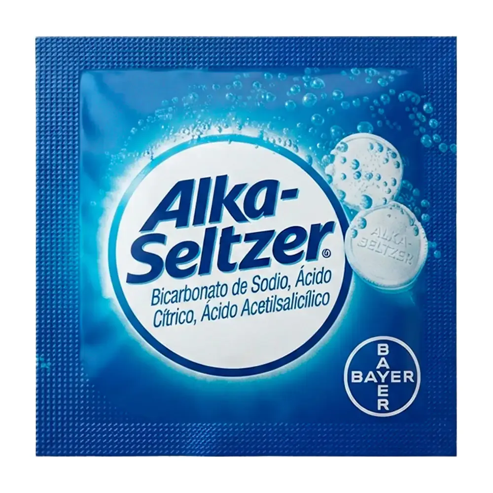 1pza Sobre alka-seltzer con 2 tabletas para aliviar agruras, acidez, indigestión y dolores de cabeza