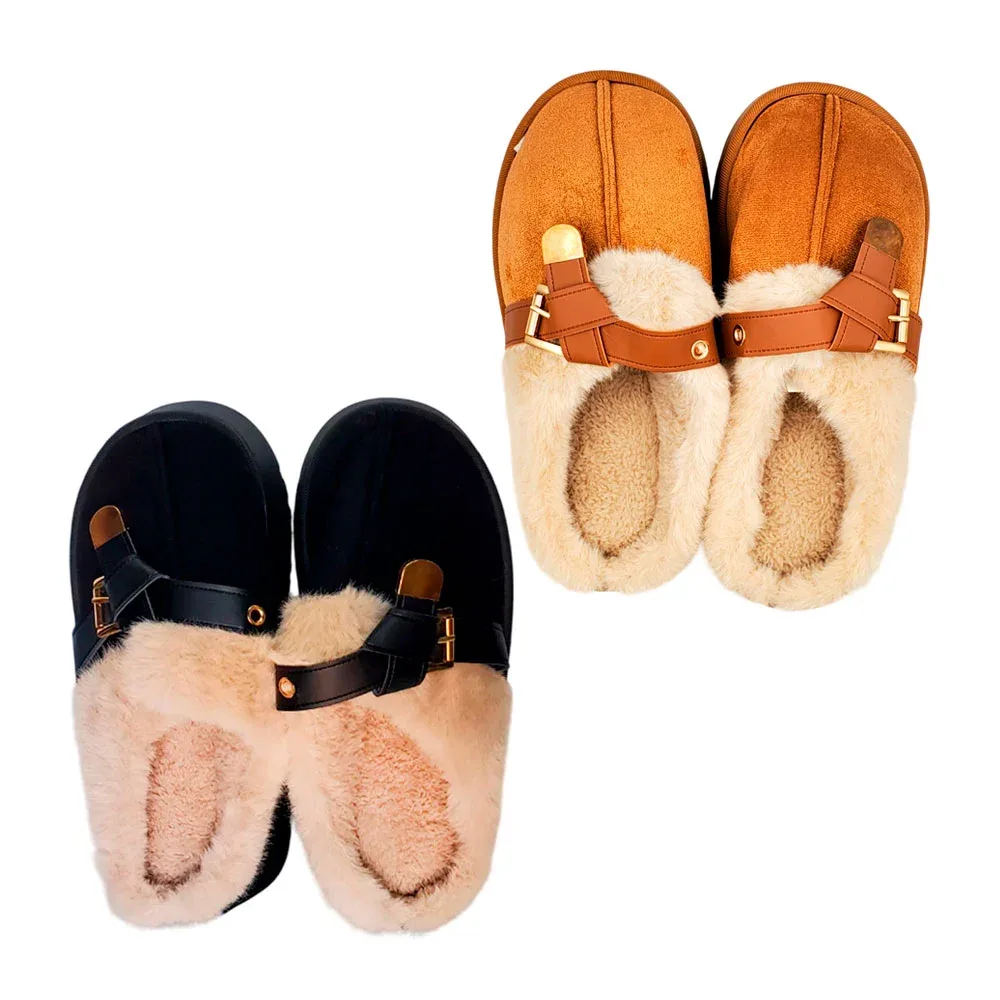 Pantuflas afelpadas con suela alta, hebilla decorativa. variedad