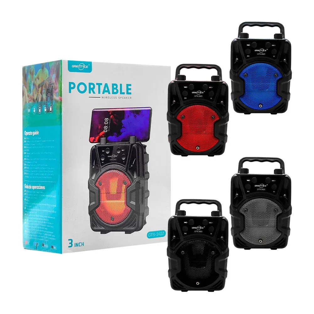 Bocina portátil, inalámbrica de 3in, soporte, puerto usb, tf y radio + luz rgb