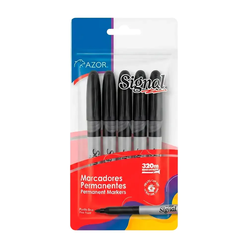 Paquete con 5 plumones - marcadores azor signal permanente de punto fino, color negro