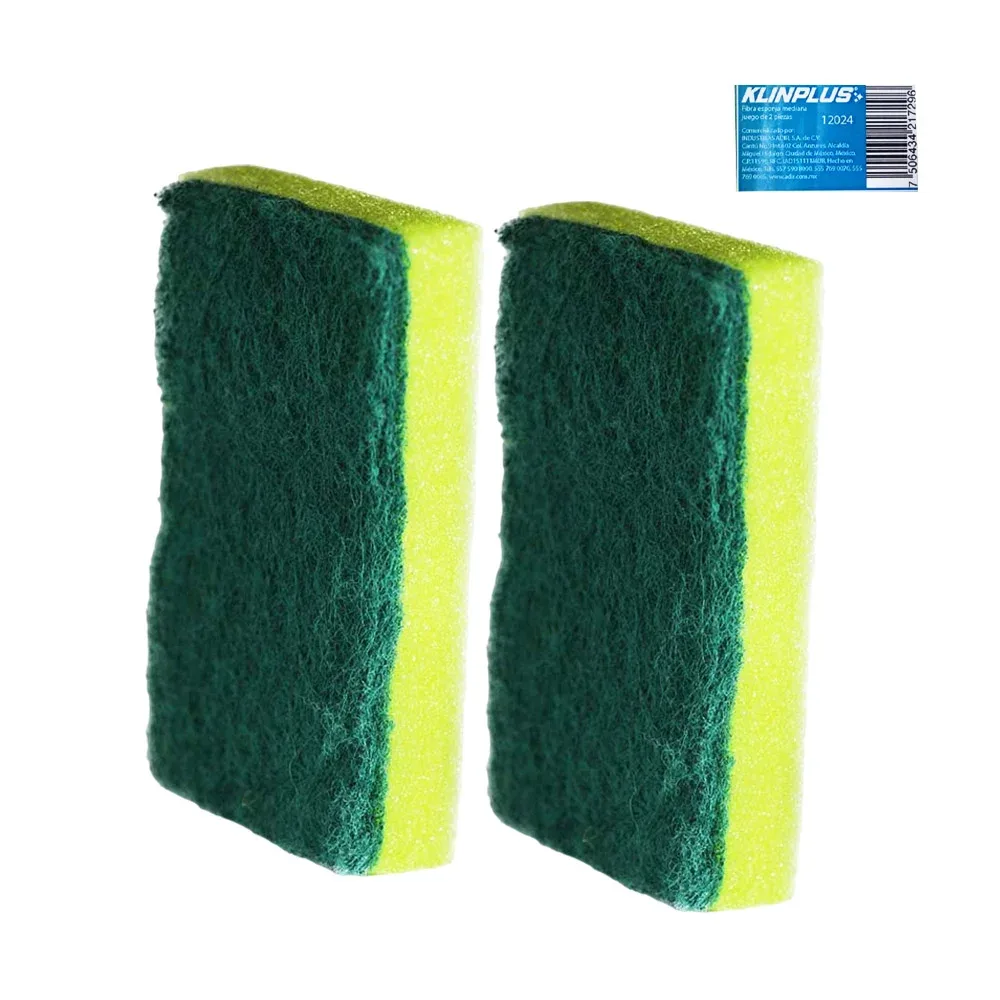 Paquete con 2 esponjas rectangulares medianas de doble fibra para lavar trastes / klinplus / 12024
