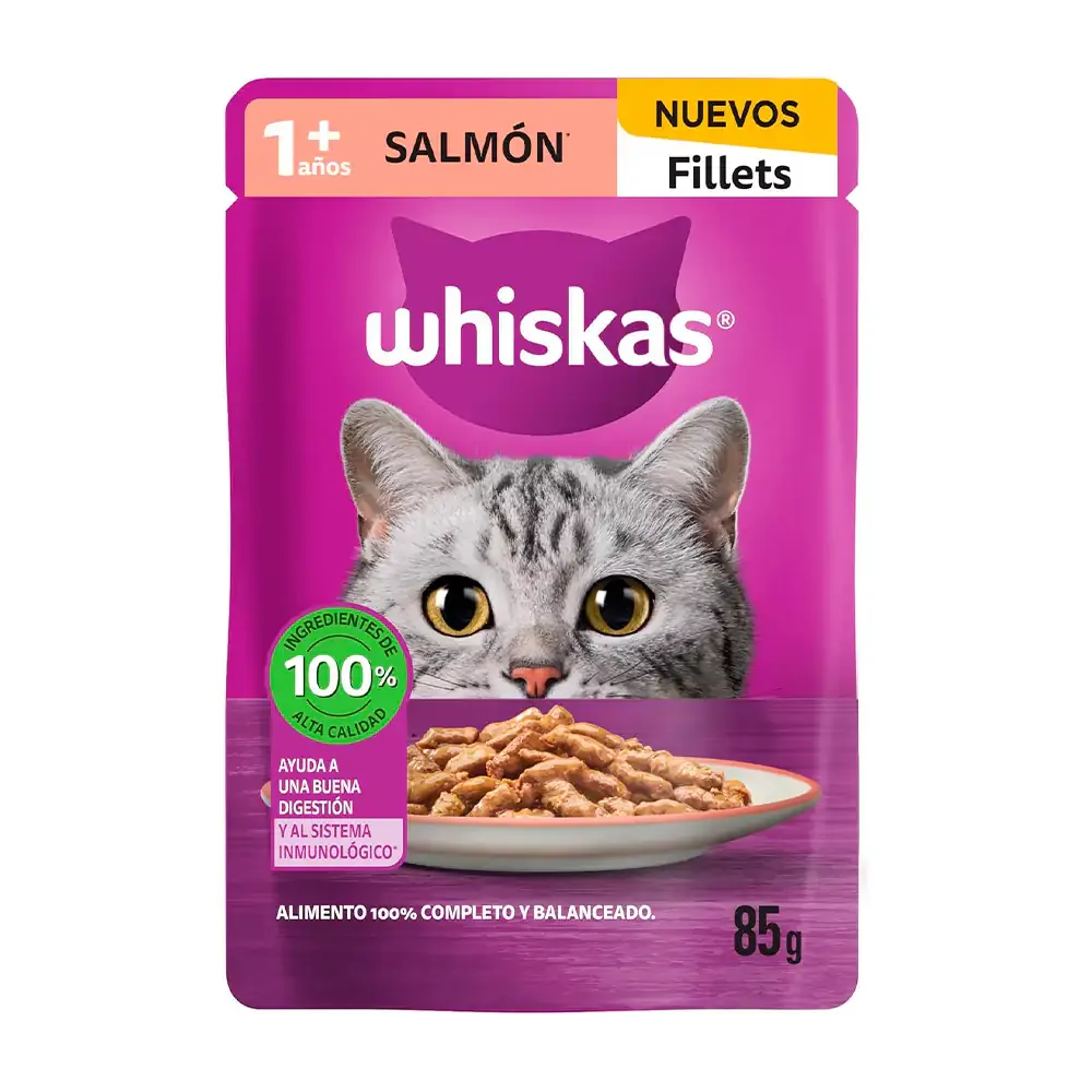 1pza alimento húmedo para gato, sobre de whiskas fillets sabor salmón, 85g / whiskas