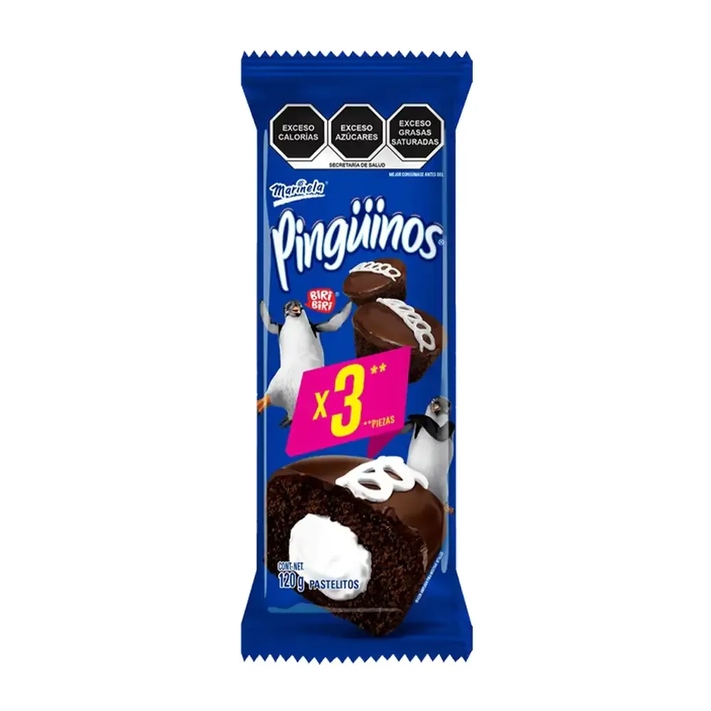Pinguinos marinela paquete con 3pzas pastelito de chocolate con relleno cremoso, 120g / 475743