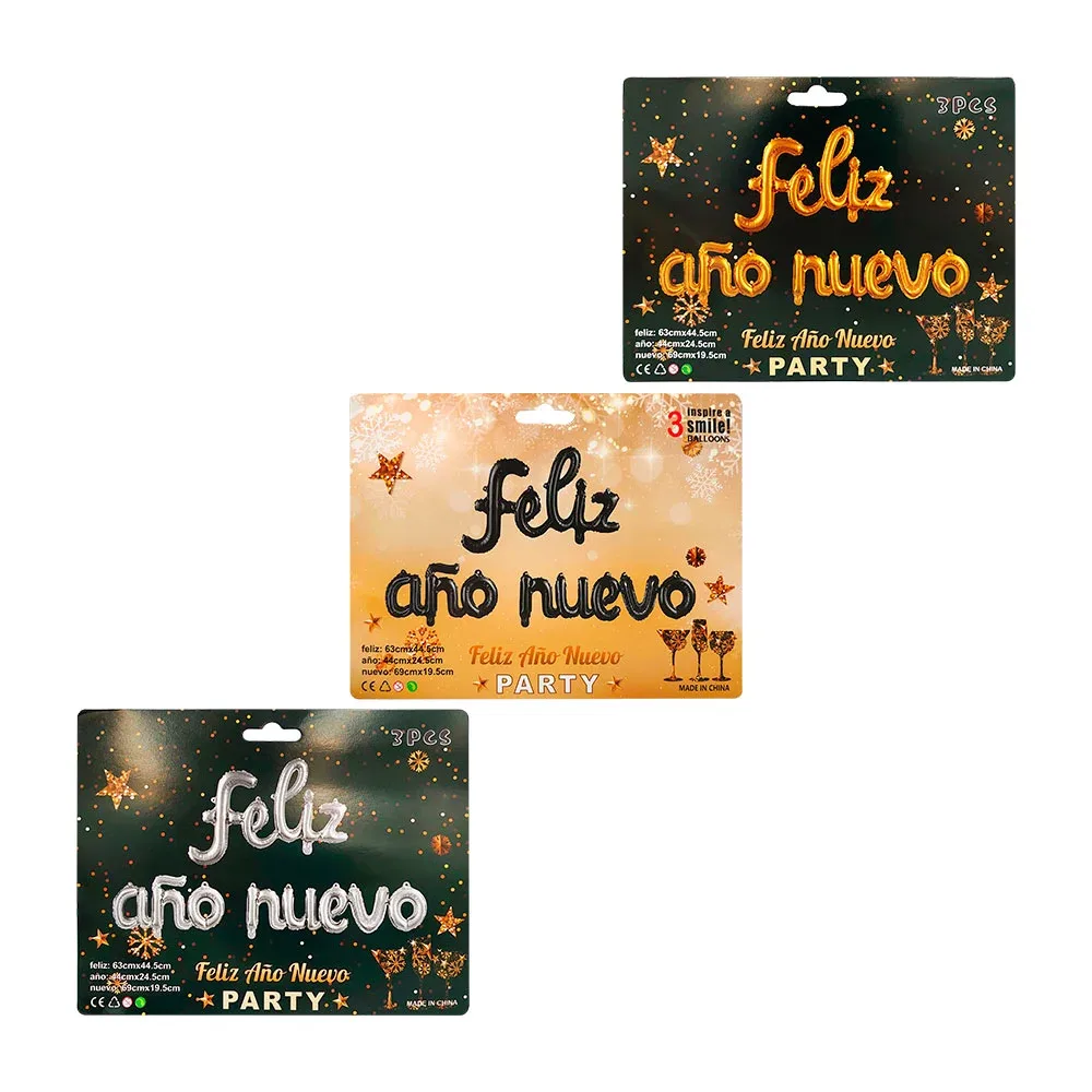 Set de globos metálicos con la leyenda feliz año nuevo, variedad de colores