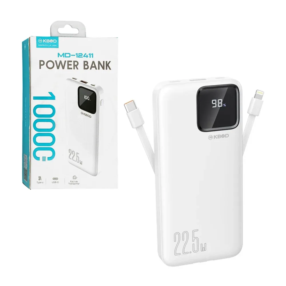 Batería portátil de 10000 mah, cable tipo c + lightning, panel de carga, conectores