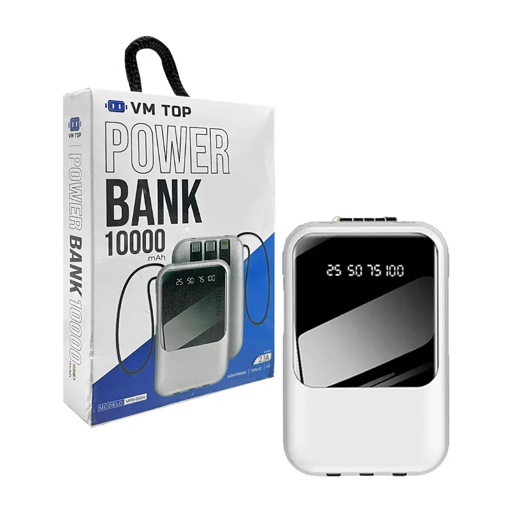Power bank / batería portátil con cables v8, tipo c y lightning, 10000mah, variedad de colores  / vm top