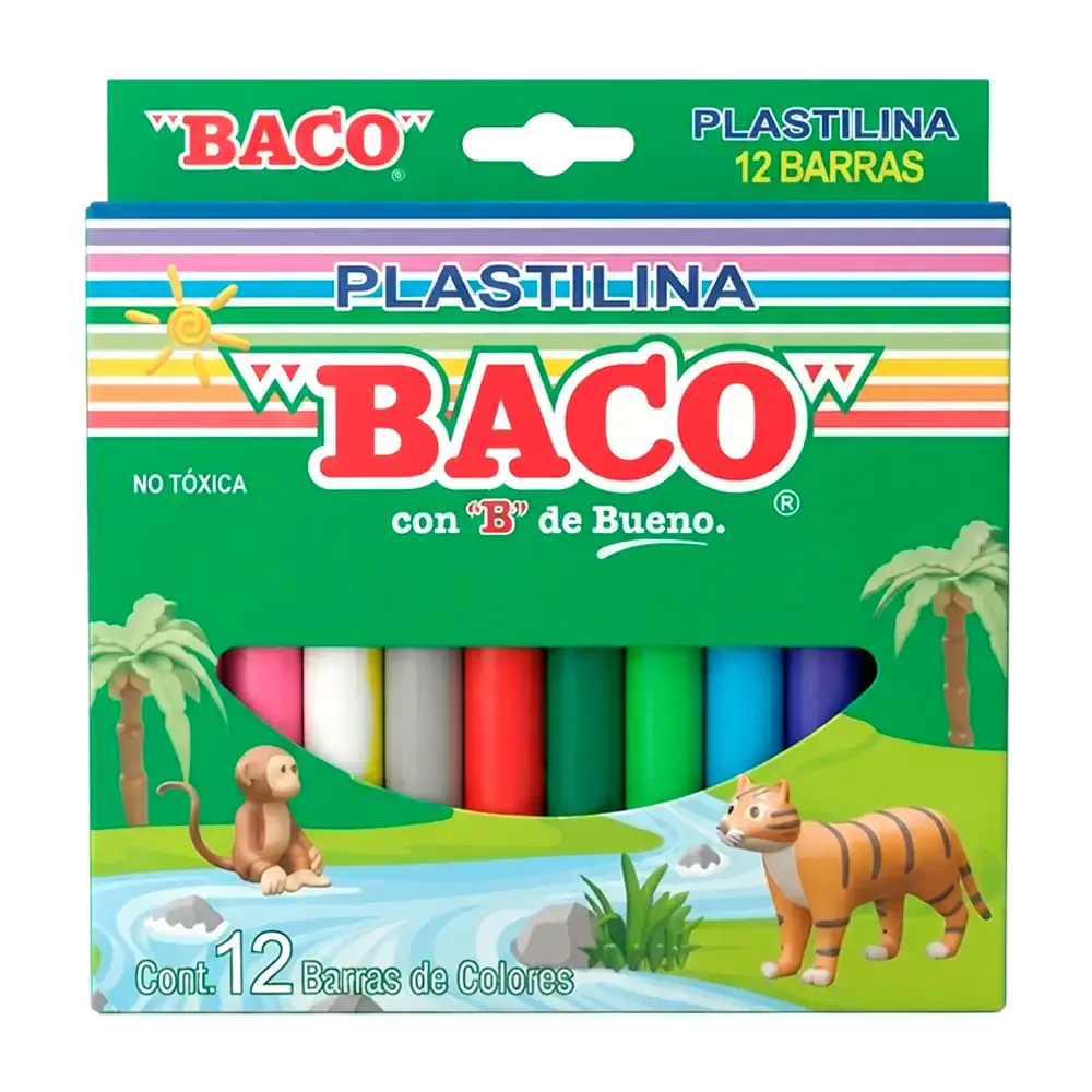 Caja con 12 barras de plastilina baco para moldear de diferentes colores