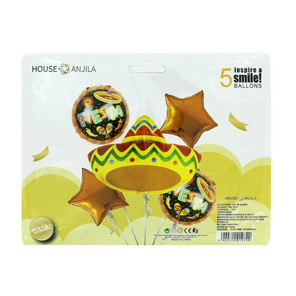 Set 5 globos, fiesta mexicana con diseño de sombrero hw-1072