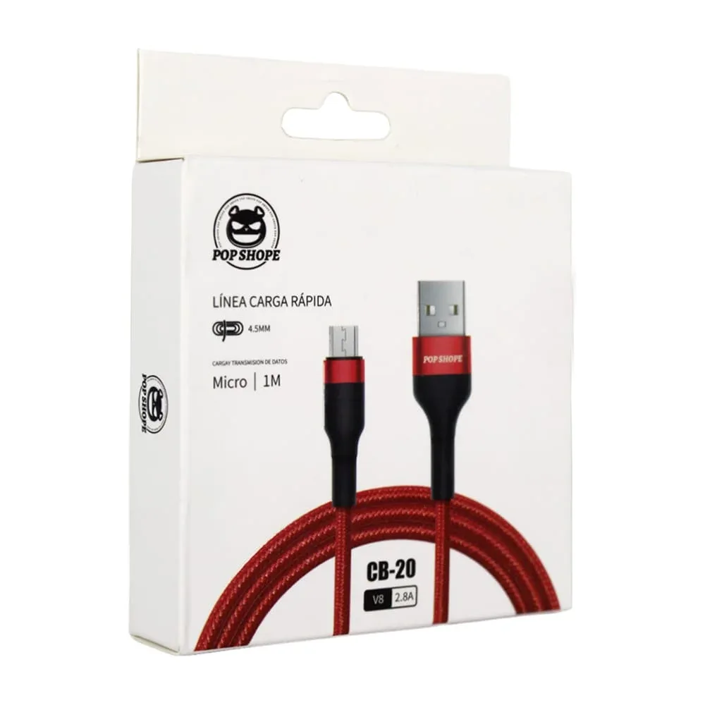 Cable de carga rápida con entrada usb a v8, 1m, 2.8a, 4.5mm, variedad de colores / cb-20