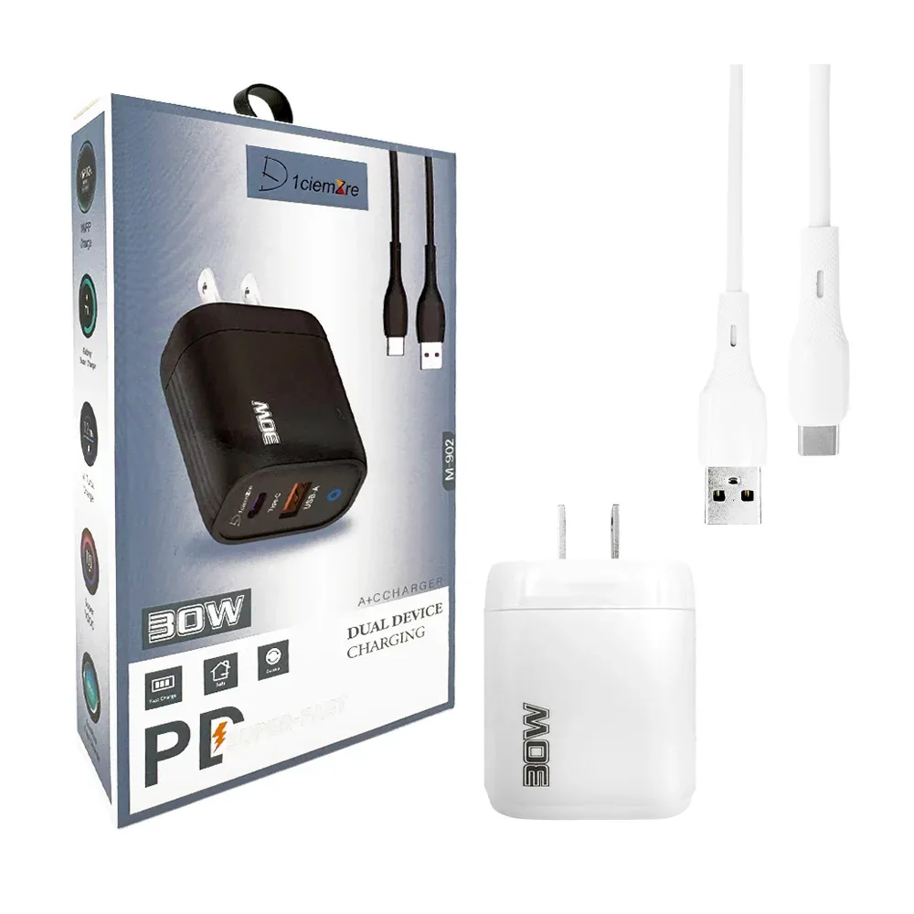 Blíster cargador de carga rápida, con cable tipo c y cubo con entradas usb y tipo c, variedad de colores / 30w / m-902